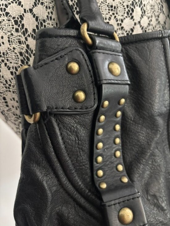 Y2K Botkier Black Leather Studded Shoulder Bag With Zipper  Botkier Black Leather Burnish Gold Studded Handbag